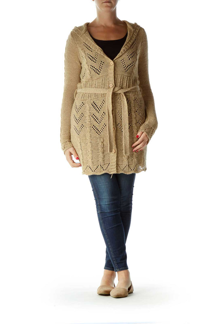 Beige Hooded Belted Knitted Long Sweater