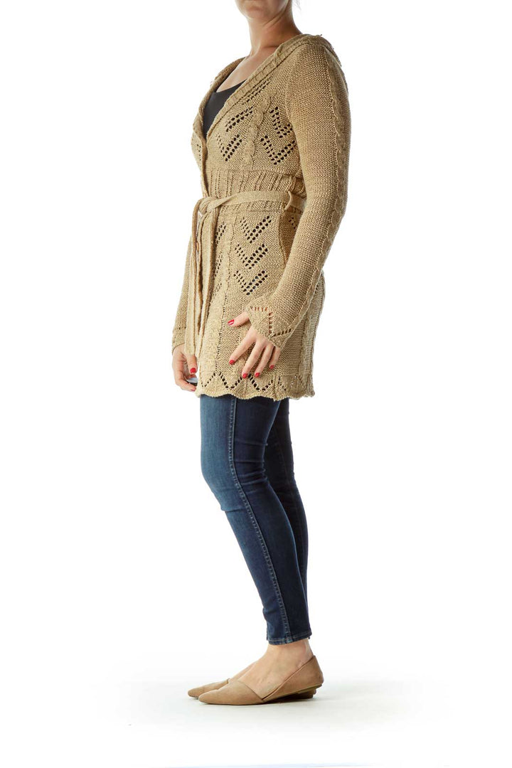 Beige Hooded Belted Knitted Long Sweater