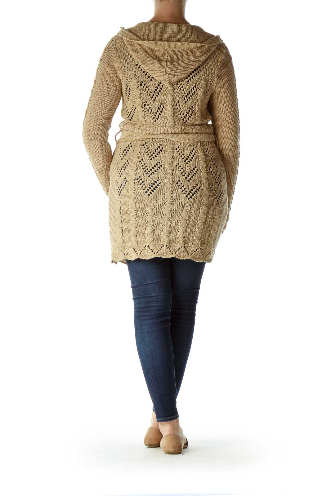 Beige Hooded Belted Knitted Long Sweater