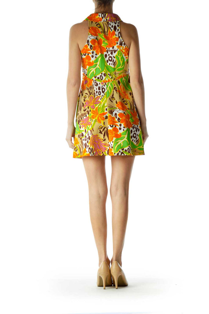 Multicolor Sleeveless Collared Print Day Dress