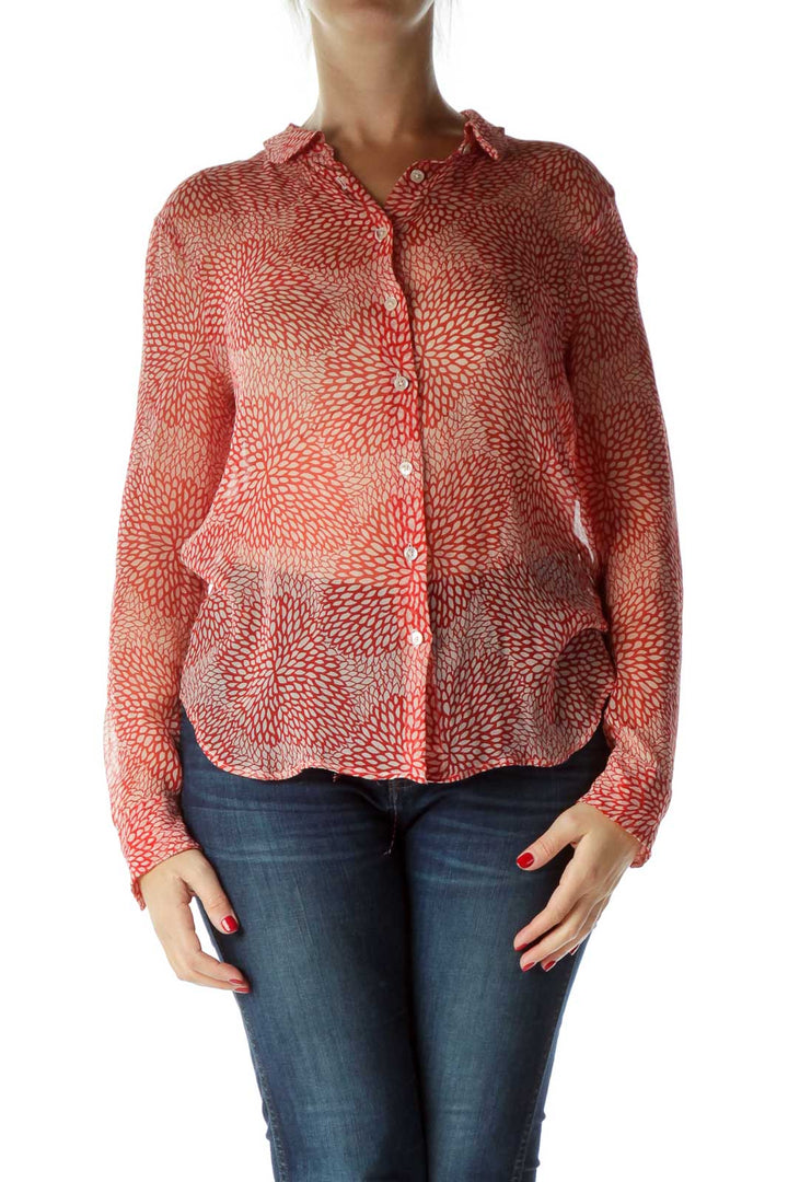 Red Printed 100% Silk See-Through Blouse