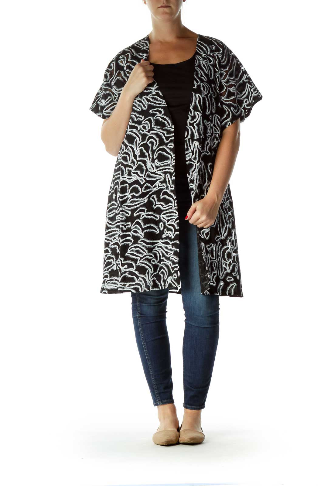 Black White Printed Wrap Work Dress Shell