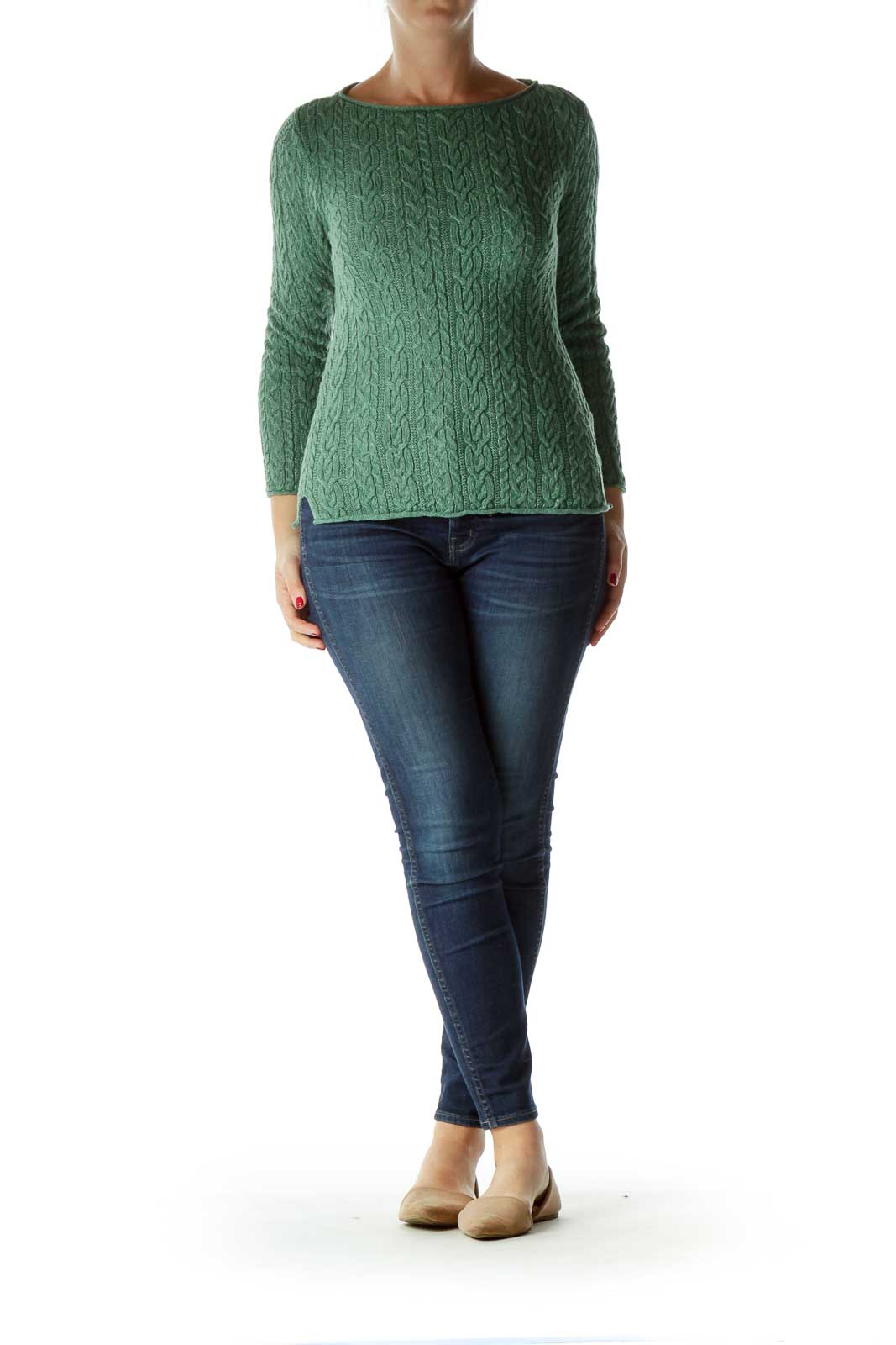 Green White Cable Knit Fitted Sweater