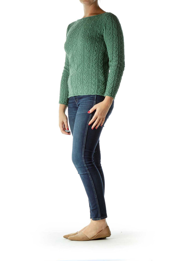 Green White Cable Knit Fitted Sweater