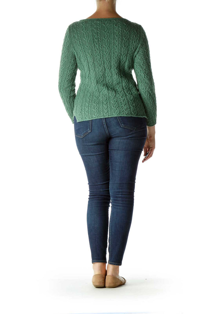 Green White Cable Knit Fitted Sweater