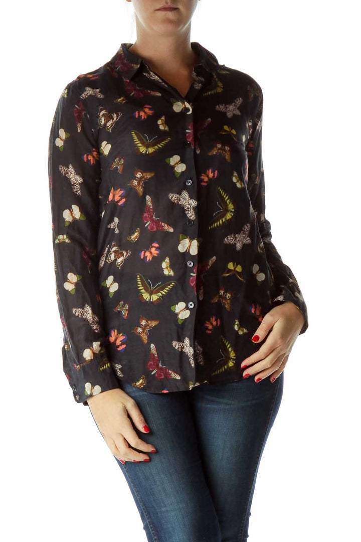 Multicolor Butterflies Print Buttoned Blouse