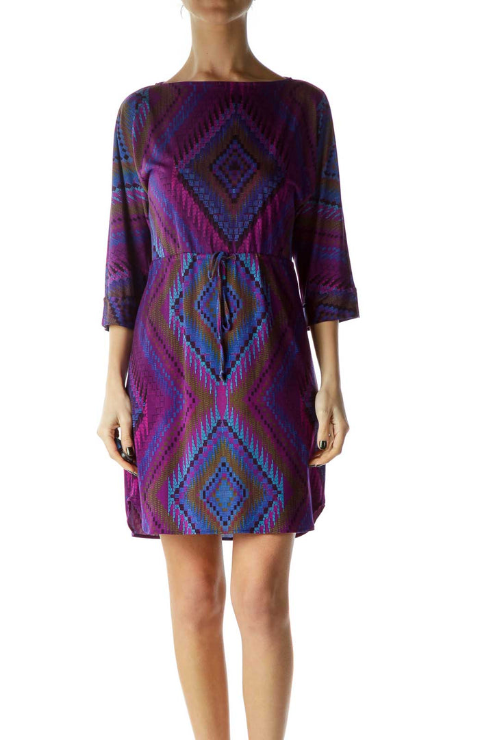 Purple Print Boat Neck Dress