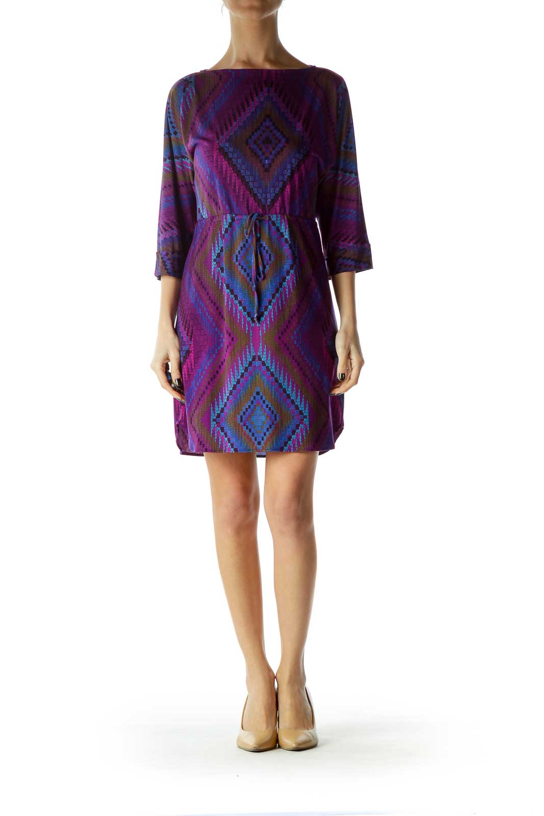 Purple Print Boat Neck Dress