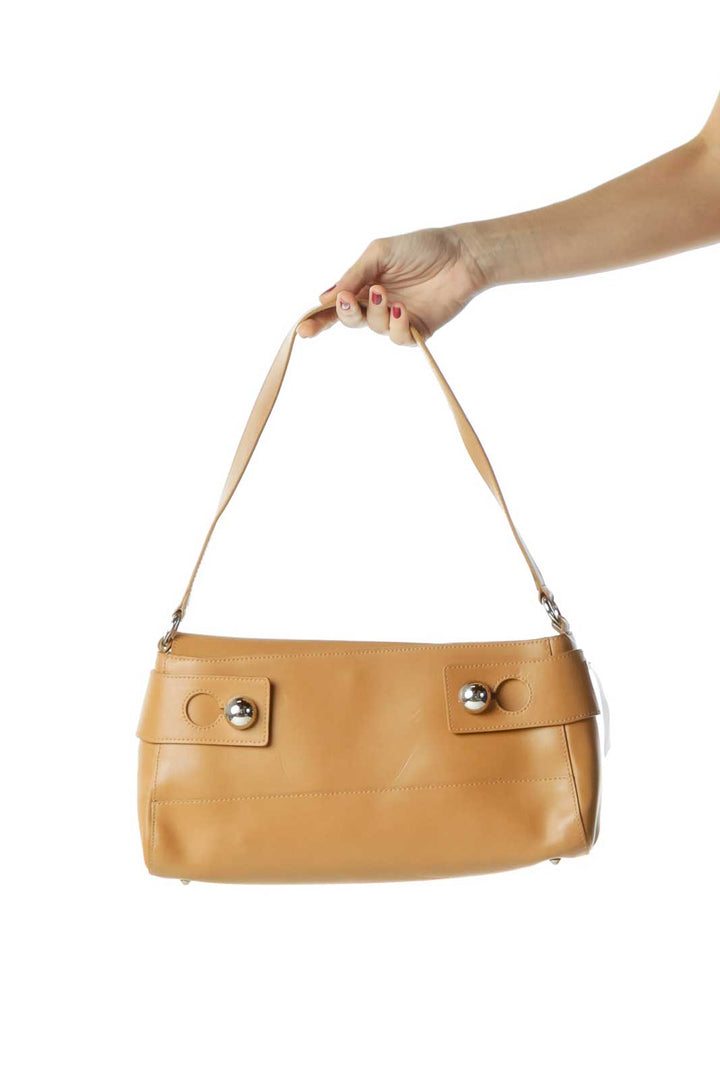 Beige Buckle Detail Leather Shoulder Bag