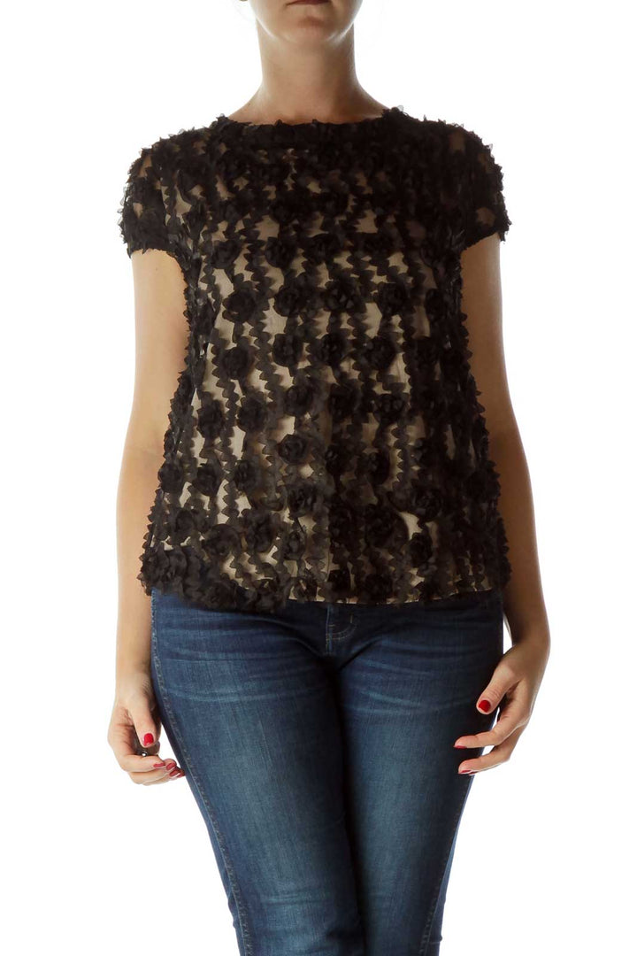 Black Flower Detail Short Sleeve Top