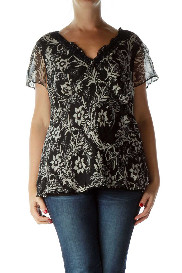 Black Print Silk Blouse