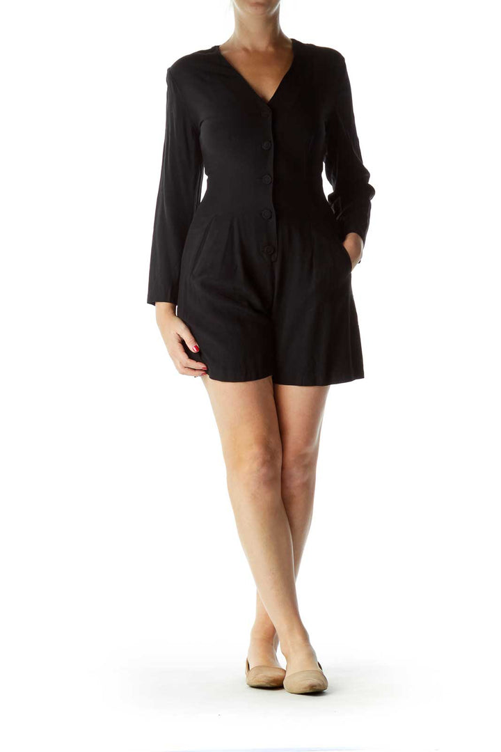 Black Button Long Sleeve Work Dress