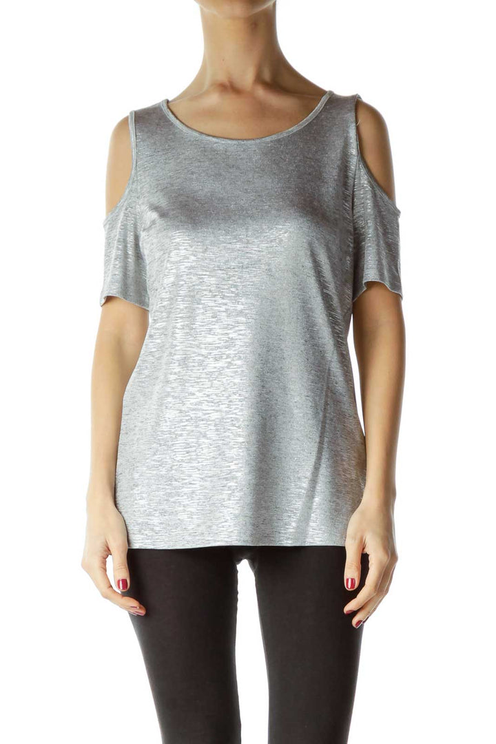 Gray Shiny Cold Shoulder Top