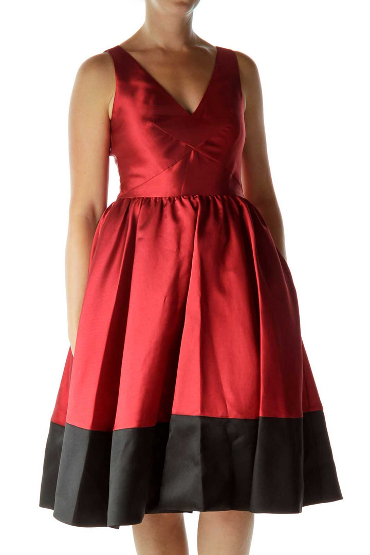 Red Black V-Neck Empire Waist Evening Dress