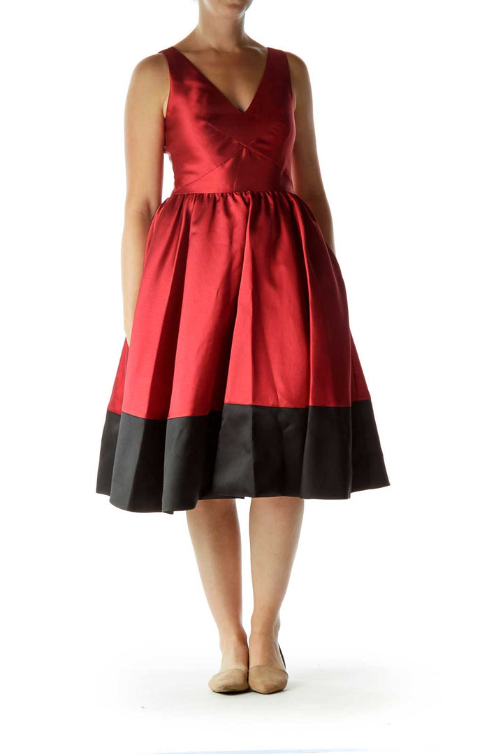 Red Black V-Neck Empire Waist Evening Dress