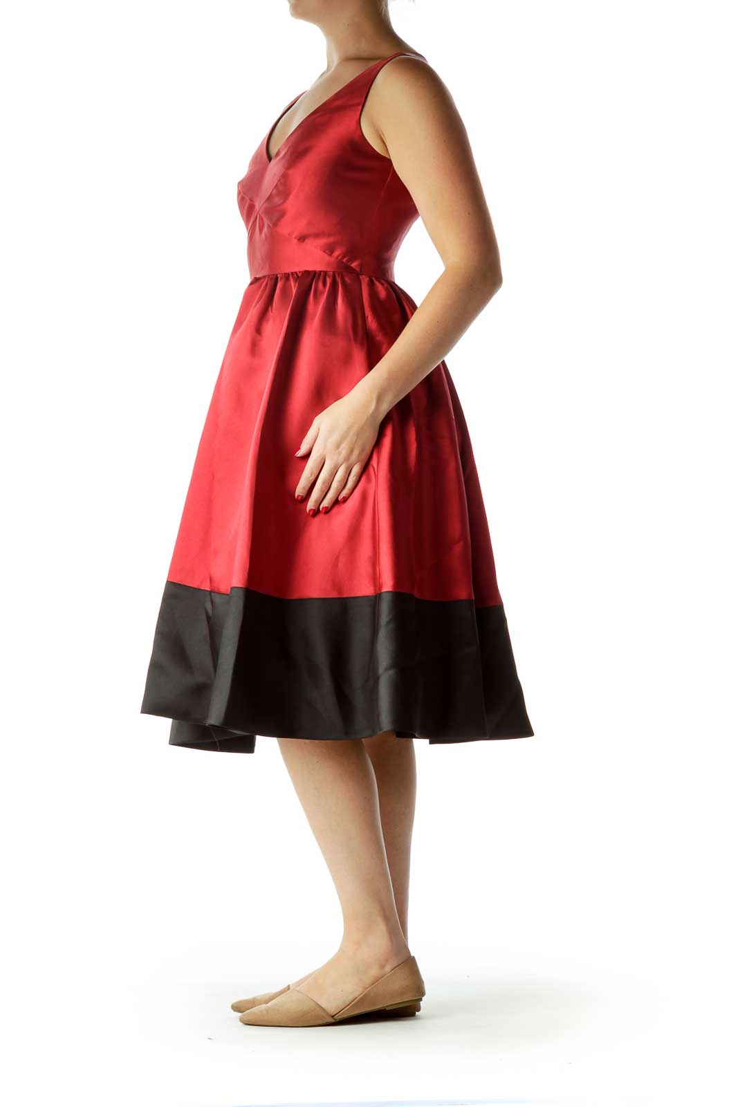 Red Black V-Neck Empire Waist Evening Dress