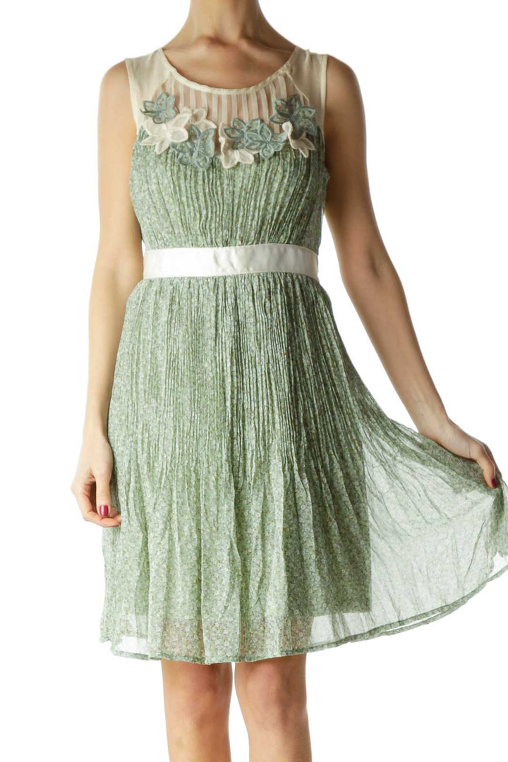 Green Beige Floral Print Day Dress