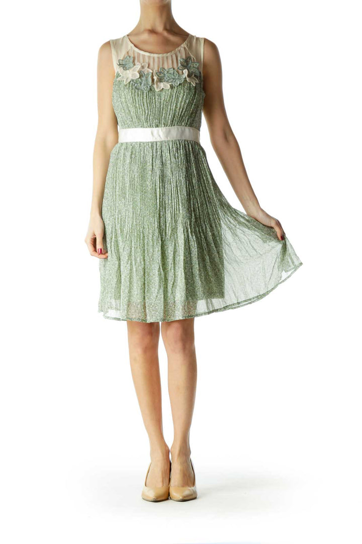 Green Beige Floral Print Day Dress