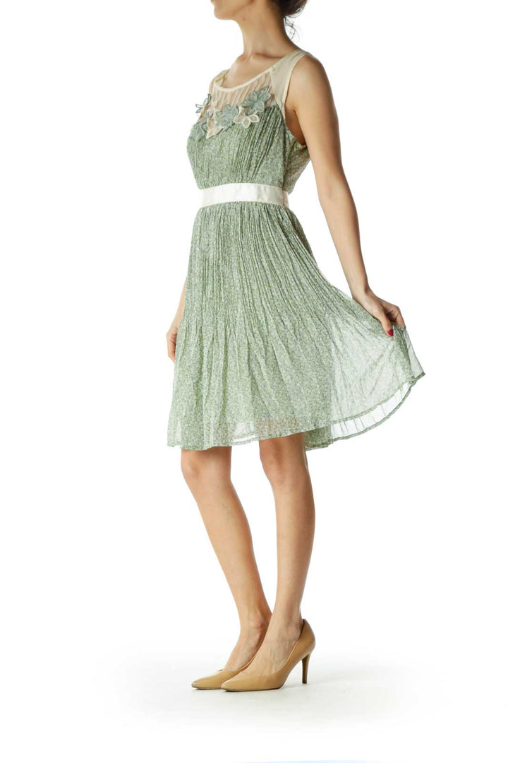 Green Beige Floral Print Day Dress