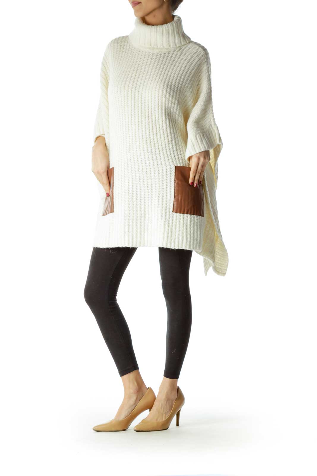 Cream Turtle Neck Knit Poncho