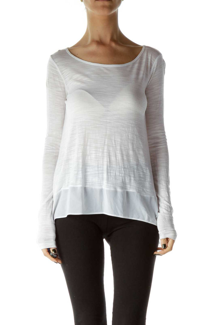 White Boat Neck High Low Long-sleeve Shirt