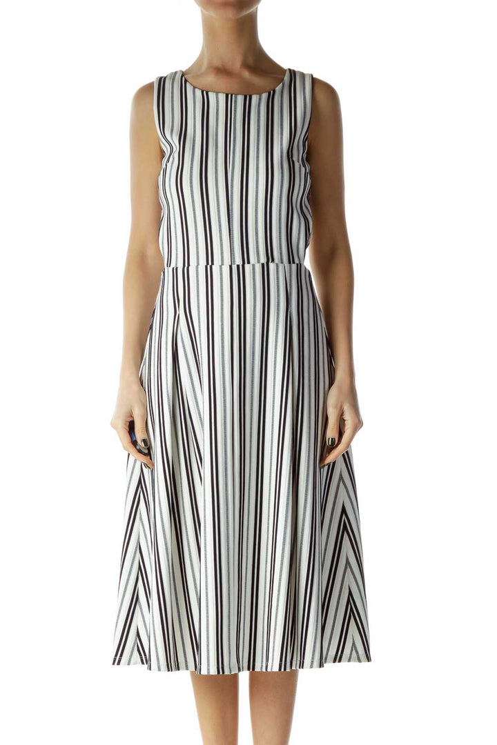 White and Black Striped Cut Out A-Line Dress