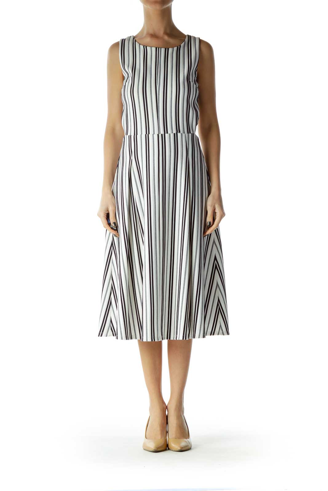 White and Black Striped Cut Out A-Line Dress