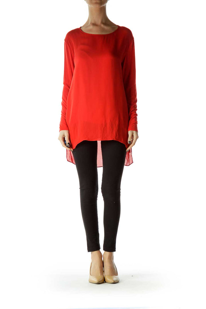 Red Boat Neck Silk Blouse