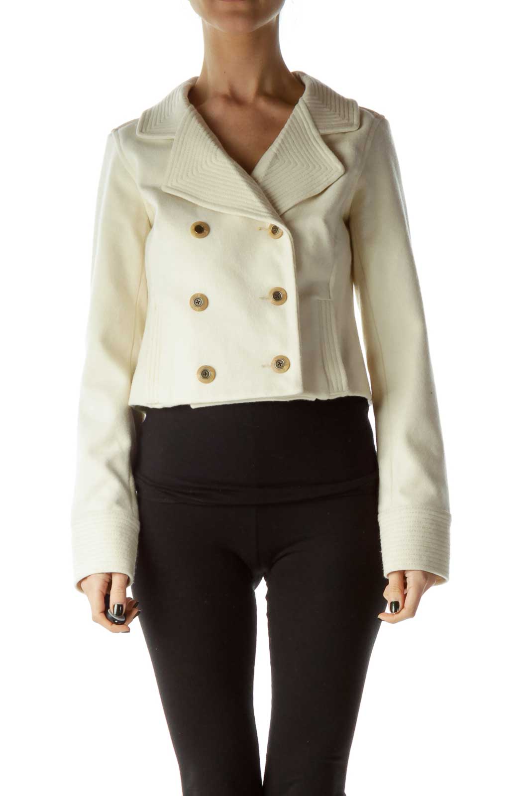 Front view of Free People cream double-breasted cropped peacoat with gold buttons