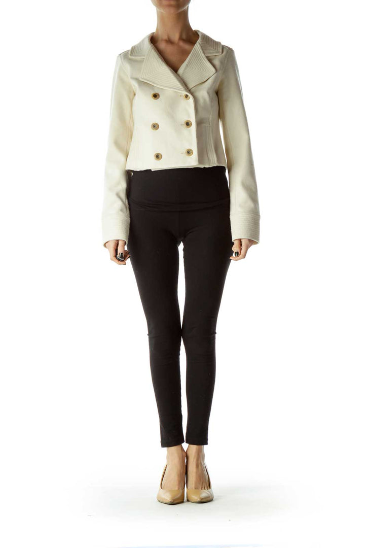 Front view of Free People cream double-breasted cropped peacoat with gold buttons