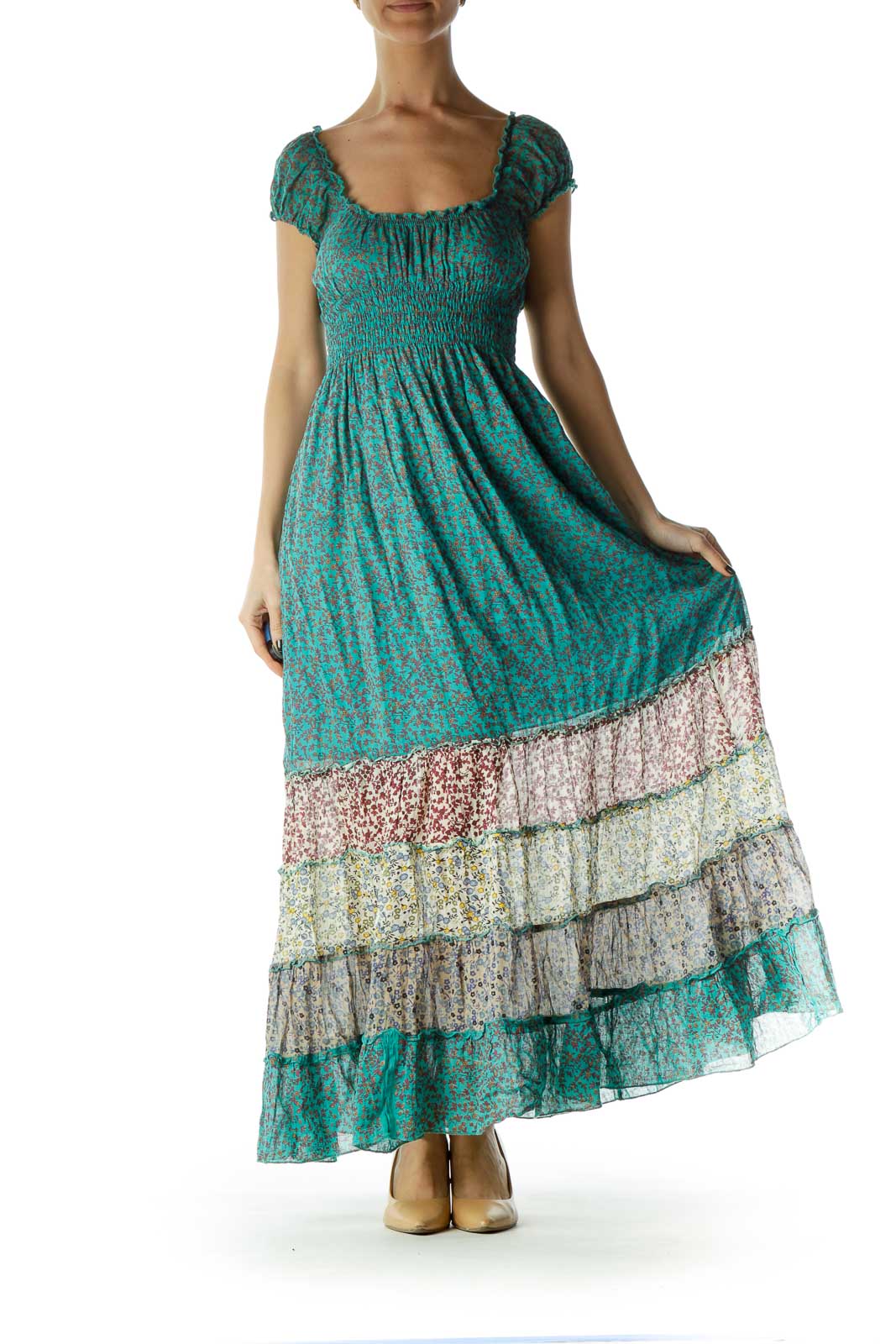 Green Printed Ruched Maxi Dress