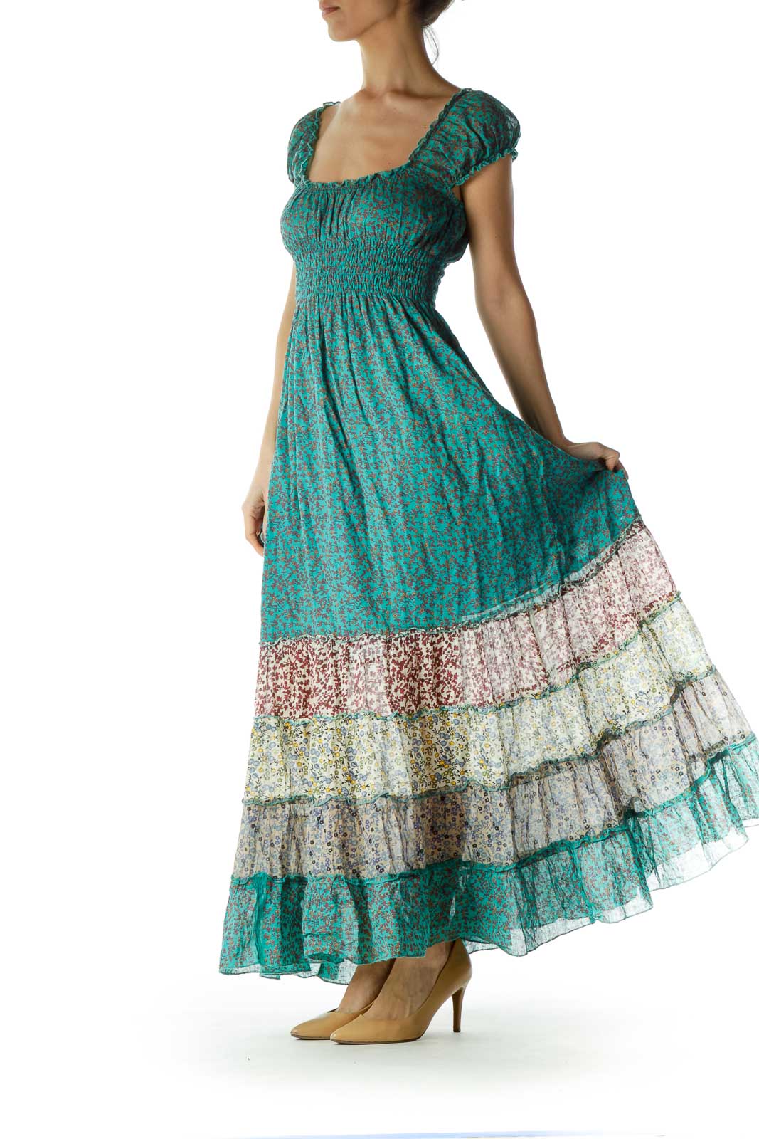 Green Printed Ruched Maxi Dress