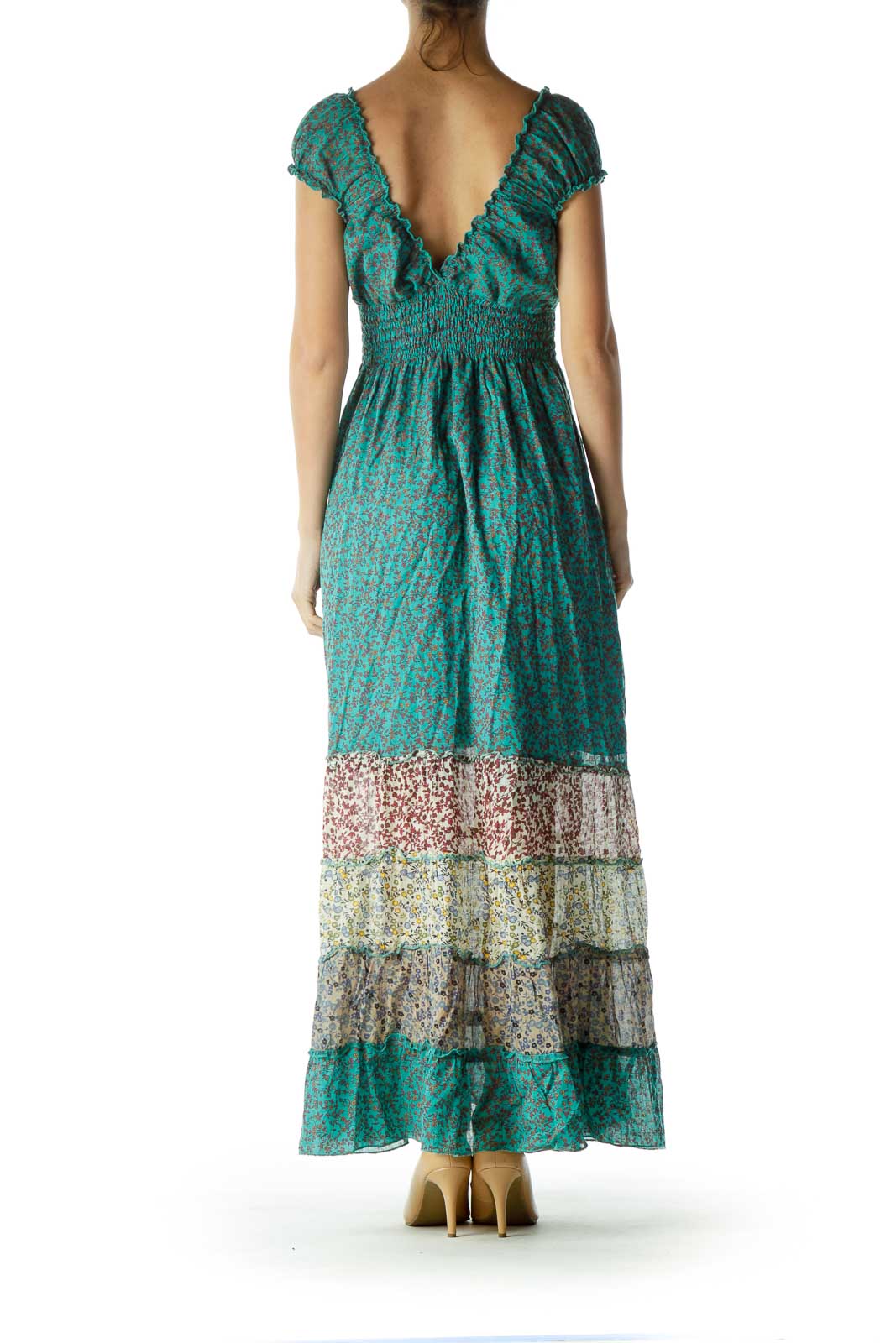 Green Printed Ruched Maxi Dress