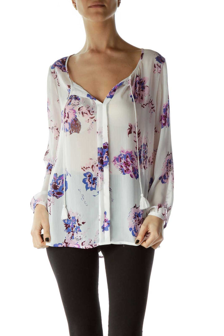 Pink Blue Long Sleeve Sheer Blouse