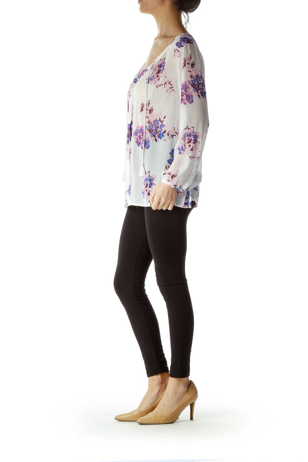 Pink Blue Long Sleeve Sheer Blouse