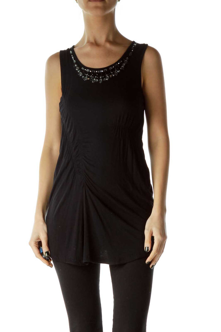 Black Scrunched Beaded Tank Top