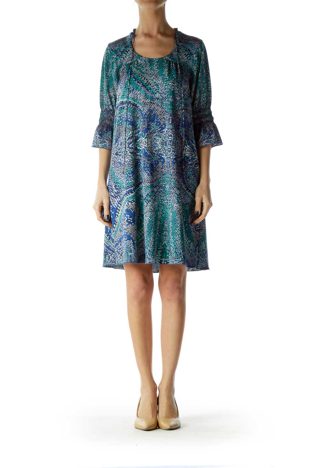 Blue Green Printed Shift Dress with Ruffle Detail