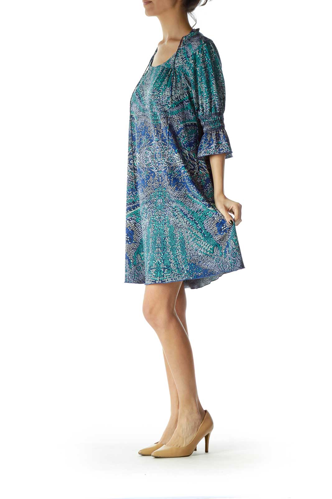 Blue Green Printed Shift Dress with Ruffle Detail