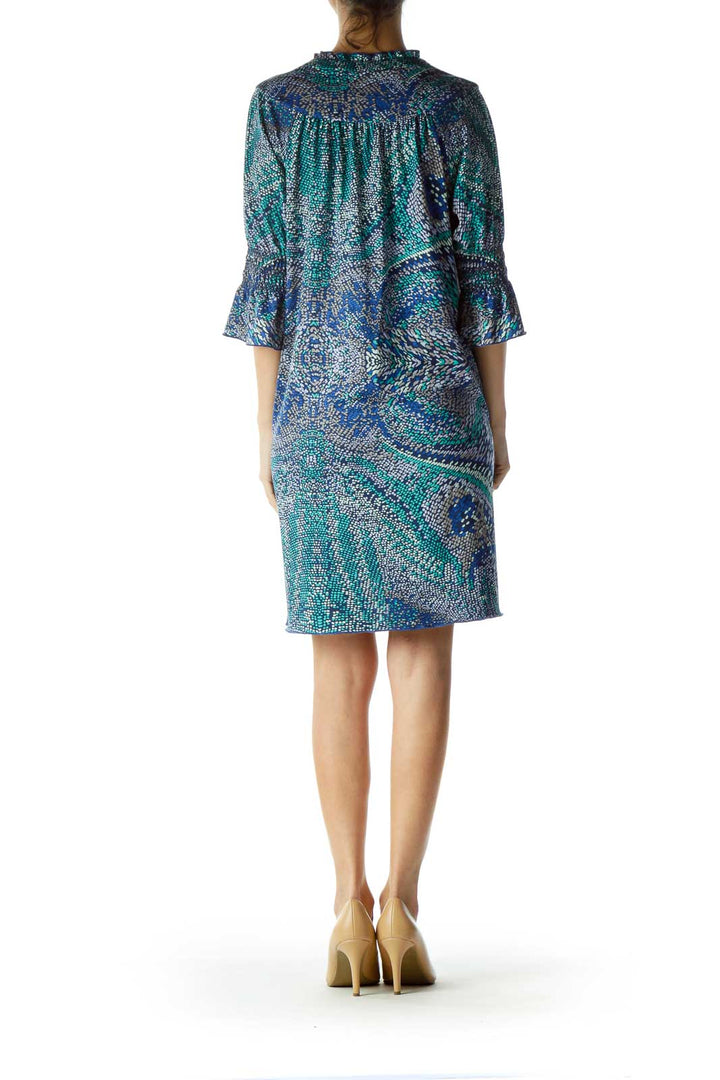 Blue Green Printed Shift Dress with Ruffle Detail