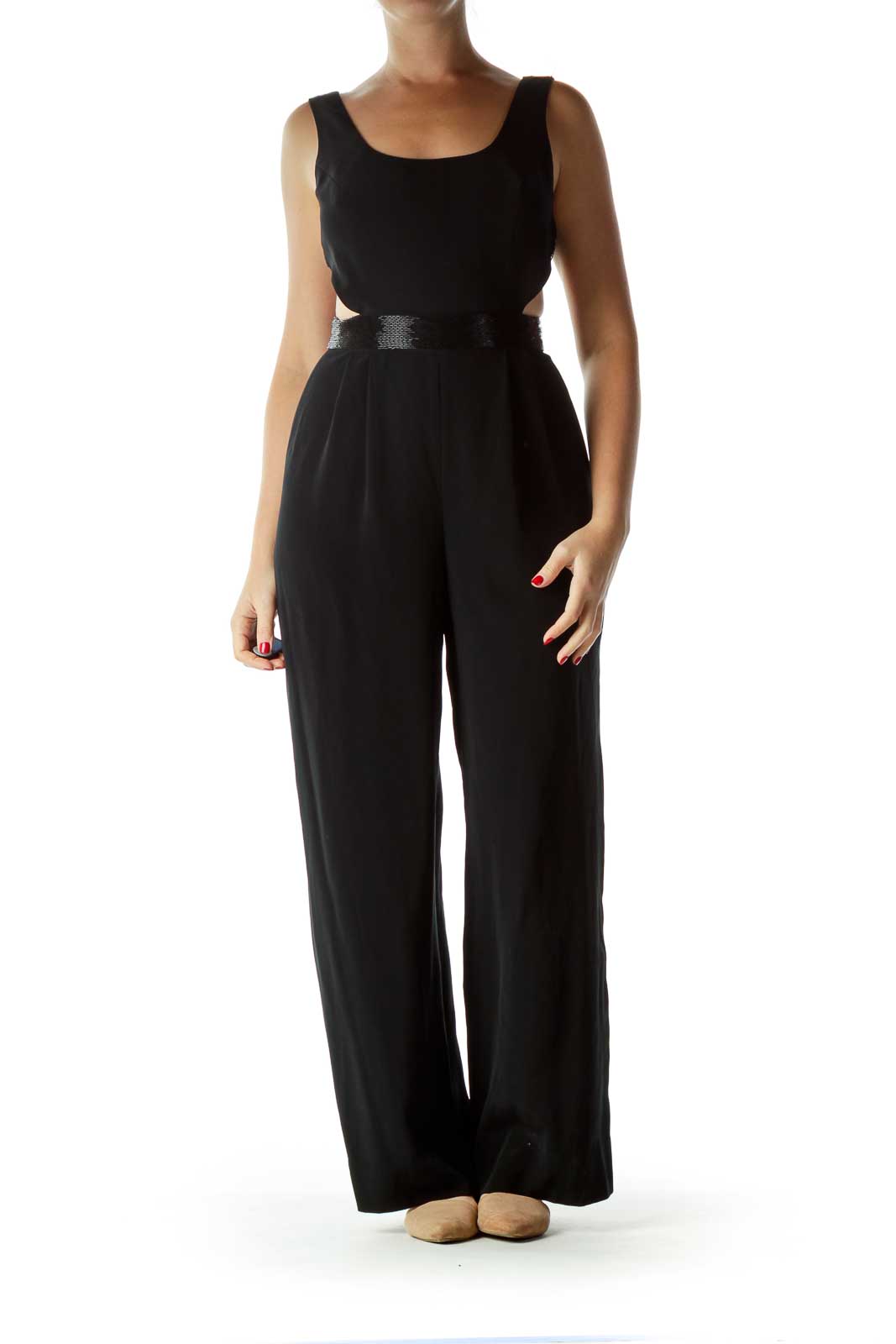 Black Beaded Open-Back Jumpsuit