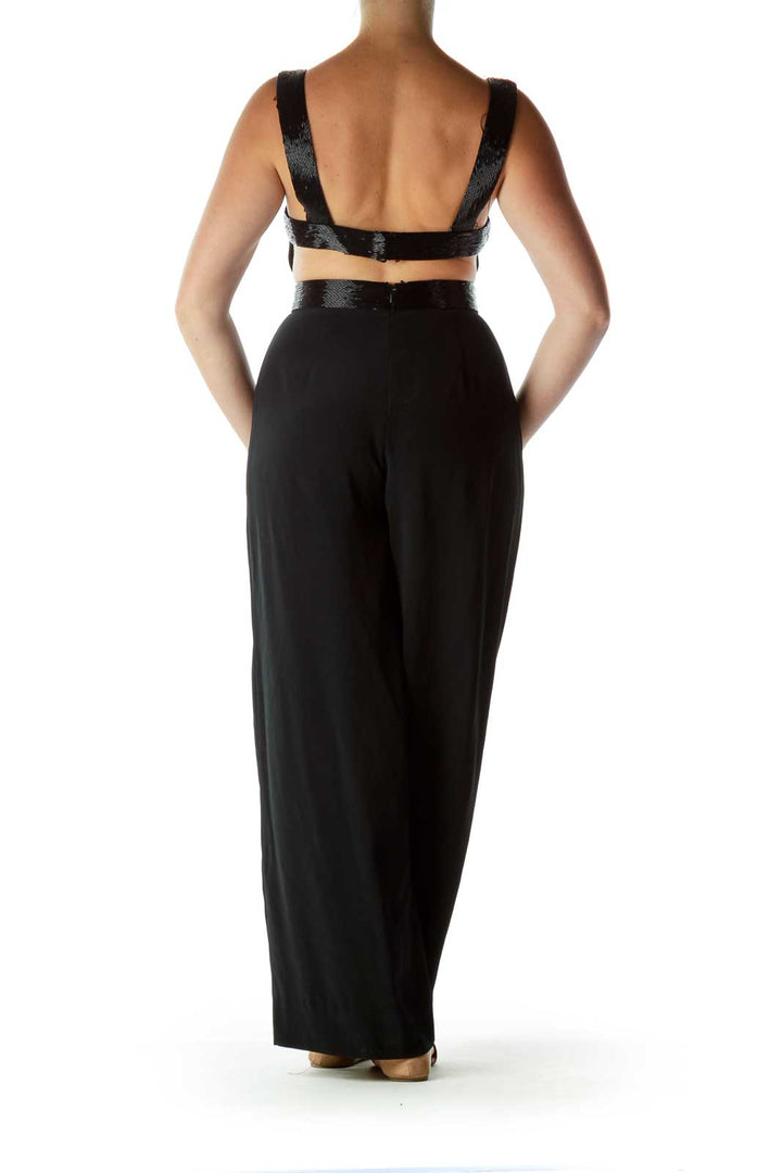 Black Beaded Open-Back Jumpsuit