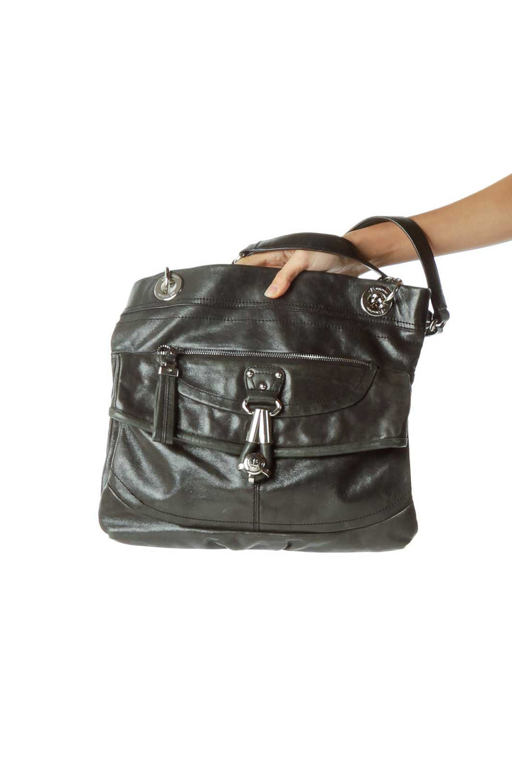 Black Metallic Leather Chain Detail Bag