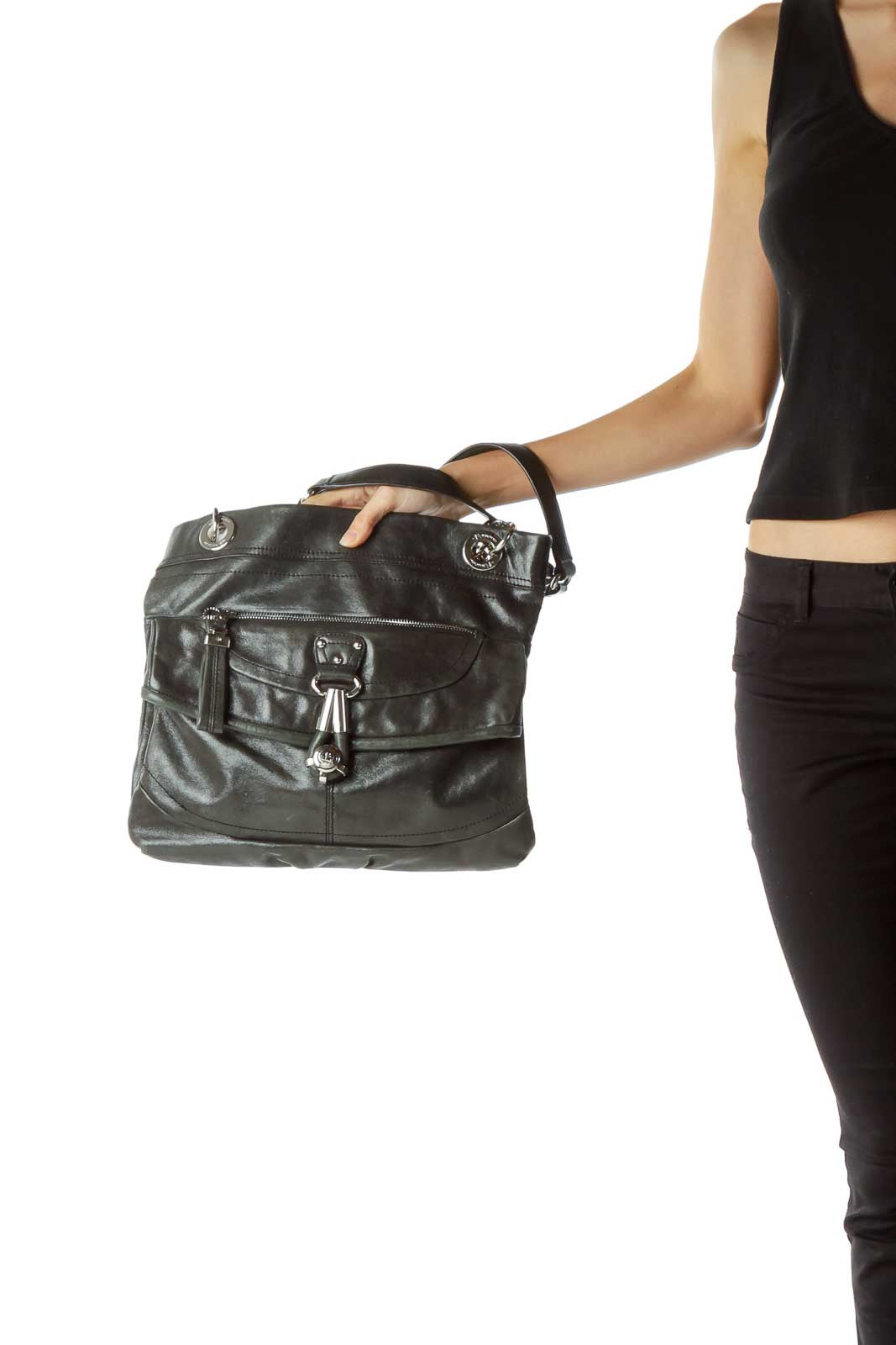 Black Metallic Leather Chain Detail Bag