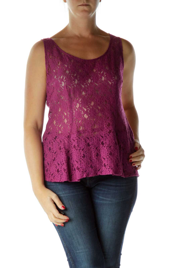 Purple Sleeveless Lace Peplum Blouse