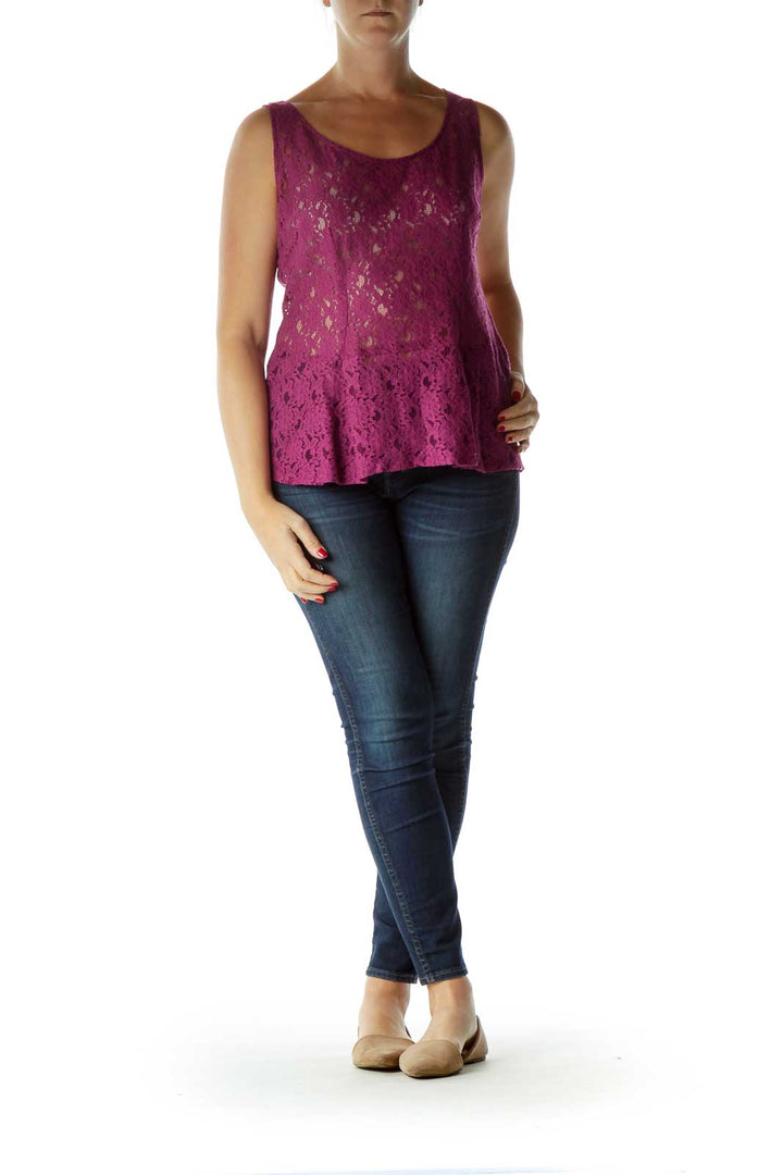 Purple Sleeveless Lace Peplum Blouse