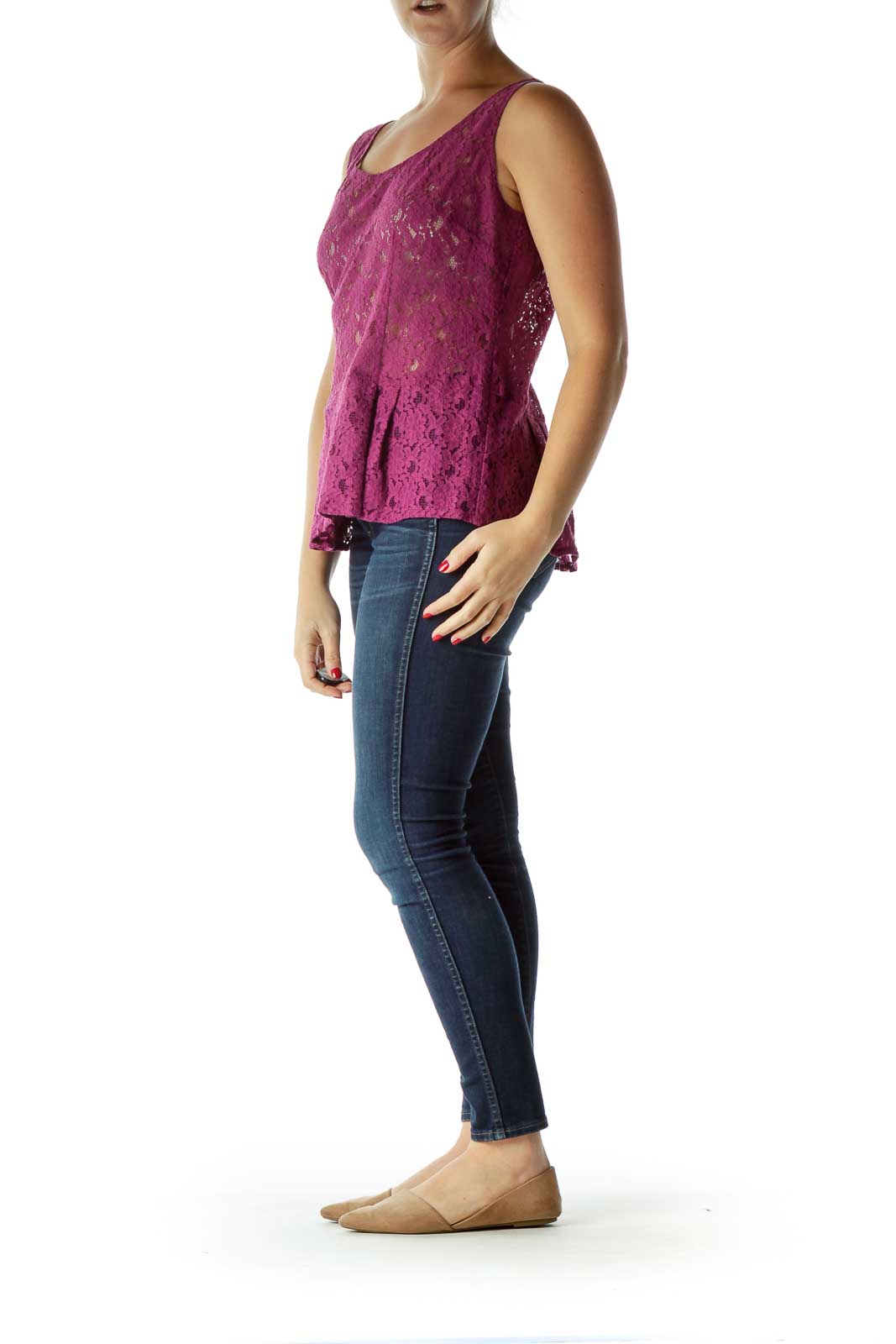 Purple Sleeveless Lace Peplum Blouse