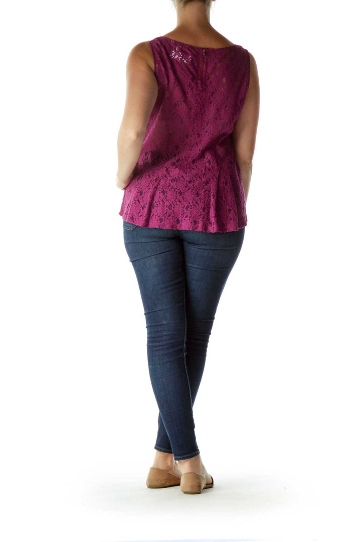 Purple Sleeveless Lace Peplum Blouse