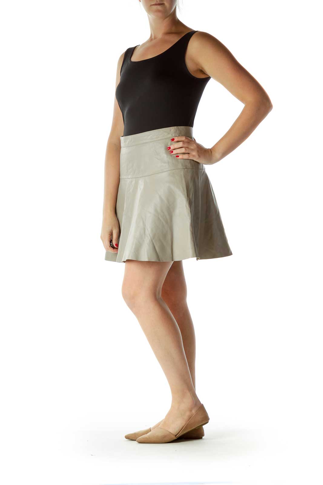 Gray Flared Lamb Leather Skirt