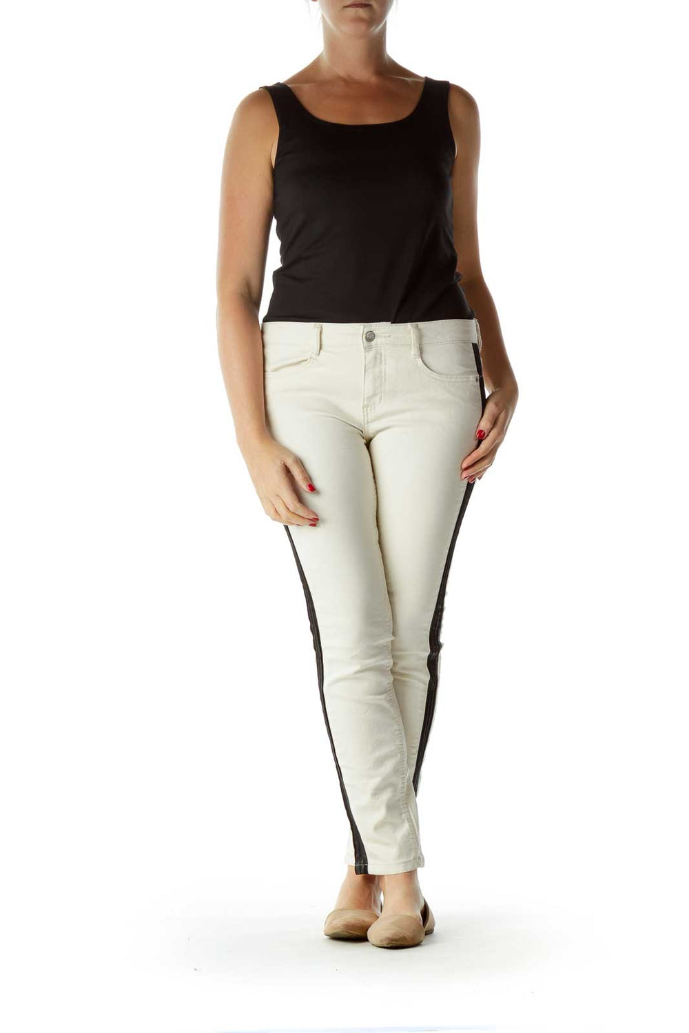 Front view of Free People white skinny pants with black side stripes