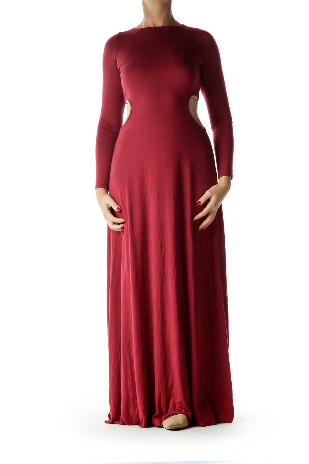 Burgundy Long Sleeve Cut Out Maxi Dress